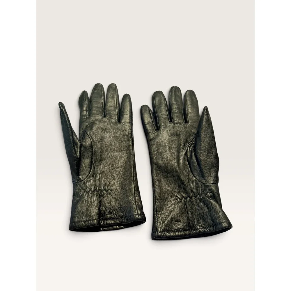 Fownes Black Genuine Leather Lined Gloves Women 7.5 Zigzag Stitch Detail